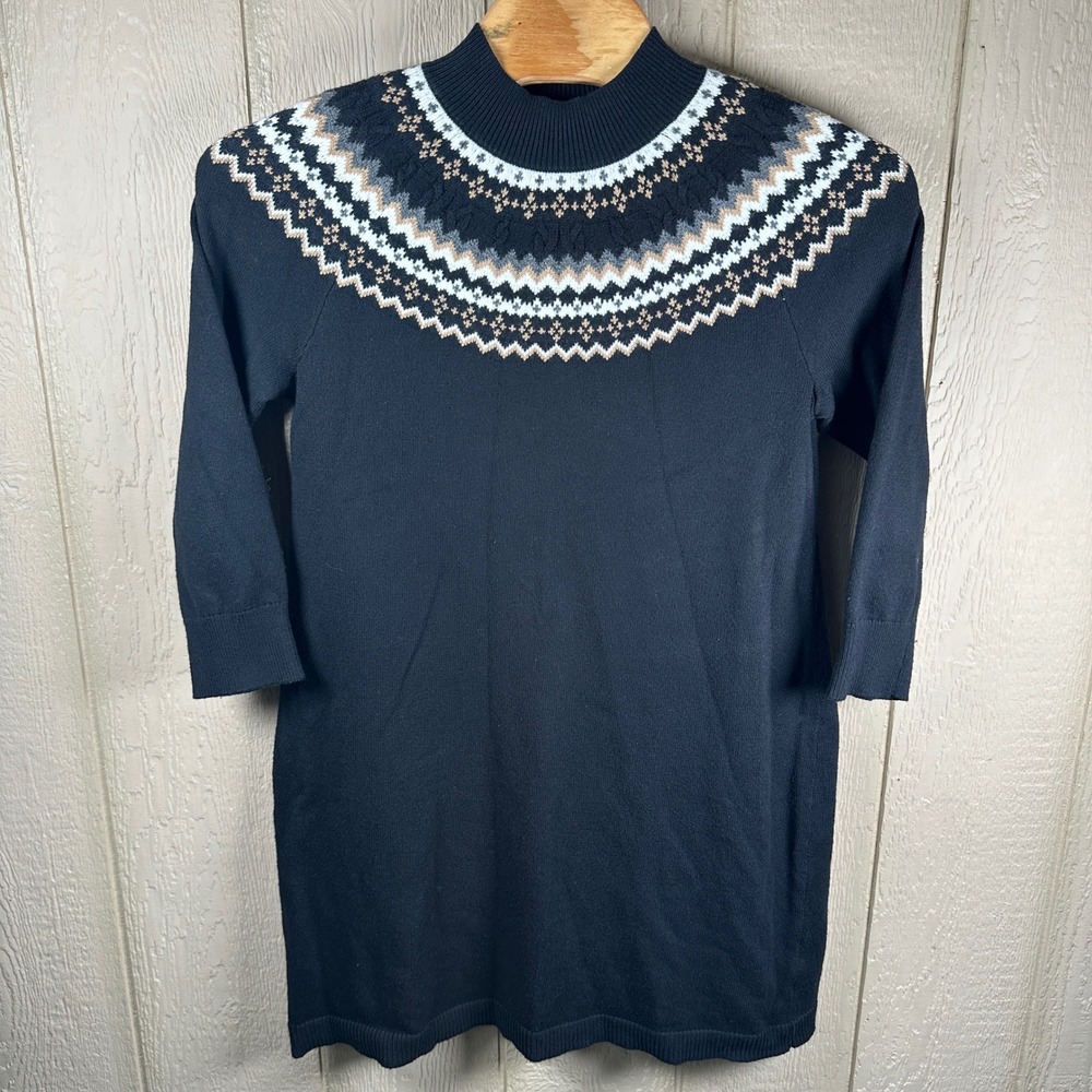Talbots Sweater Dress Womens 1X Black Beige Fair Isle Mock Neck Pullover Holiday